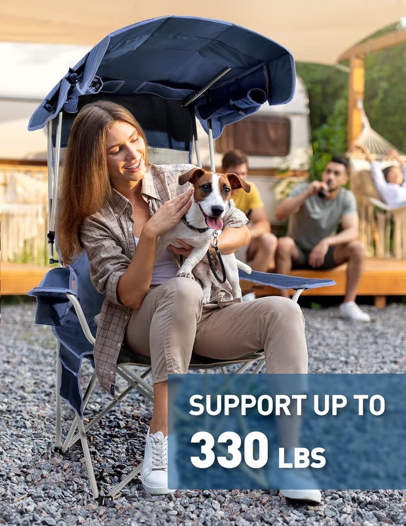 Docusvect Beach Chair with Canopy Shade, Folding Camping Chair with Canopy with Cup Holder, Side Pocket for Camp, Beach, Tailgates, Fishing - Support 330 LBS