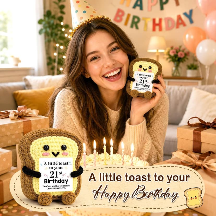A Little Toast to Your 21st Year Old Birthday Gifts for Friend Sister Daughter Girls, Happy 21st Bday Decor Female Gift Ideas 21st Birthday Gifts for Women Her Funny Handmade Crochet Toast with Card B0HGLC5JWW
