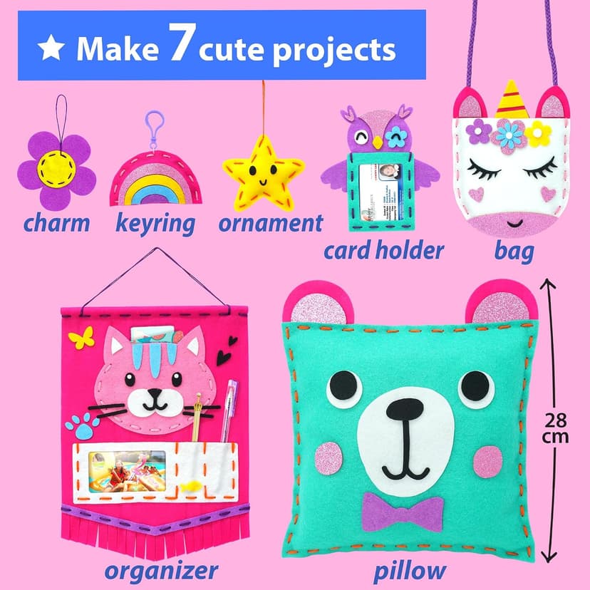 7 stuffed animal & plush pillow projects. Pre-punched felt & instructions included. Gift for girls & boys KRAFUN My First Sewing Kit for Kids Ages 6-12 | 7 Animal Dolls B091GXM2Y6