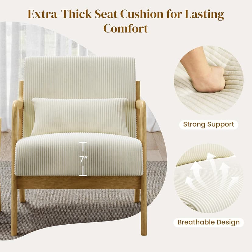 Yaheetech Accent Chair for Living Room, Corduroy Mid Century Modern Reading Armchairs with Lumbar Pillow for Bedroom, Decorative Sofa Chair for Adult Beige/Set of 1