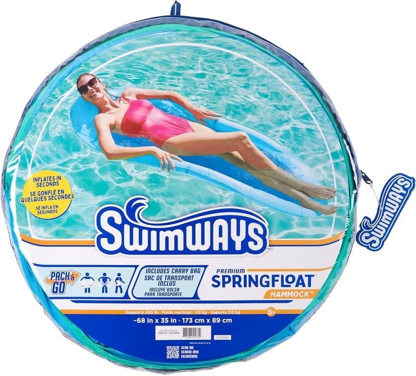 SwimWays Spring Float Premium Hammock Pool Lounger, Inflatable Pool Floats Adult with Fast Inflation for Ages 15 & Up, Sky Blue