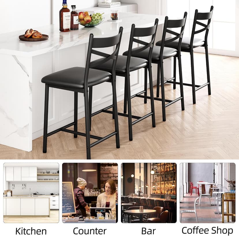 IDEALHOUSE 26 Inch Bar Stools Set of 4, Upholstered Bar Chairs with Back, Thick Cushion, Counter Height Barstools for Kitchen Island Apartment Counter Bar (4)