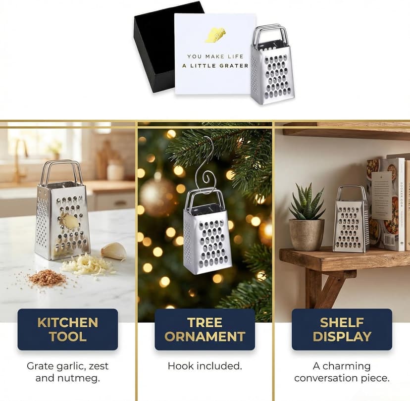 Gift Box and Card, Coworkers, Foodies, Stocking Stuffer, Real Stainless Steel, Ornament Hook, Birthday, Secret Santa Mini Cheese Grater Gift Set, You Make Life a Little Grater Funny Chef Gift B0G15M3C9S