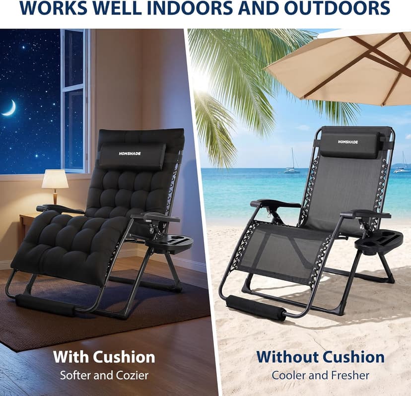 HOMSHADE Oversized Zero Gravity Chair, 33In XXL Outdoor Recliner Chair w/Removable Cushion&Headrest, Reclining Patio Chairs for Indoor, Camping Lounge Chair with Footrest, Support 500LBS, Black