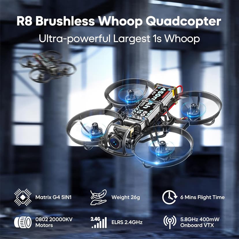 R8 ELRS Brushless Whoop Quadcopter, Ultralight 1S 80mm Micro FPV Drone BNF with 6 Port Battery Charger,2 Batteries Fly12 Mins for FPV Freestyle Racing Indoor Outdoor,FOV160°,Matrix G4 5IN1 FC,0802 20000KV Motor