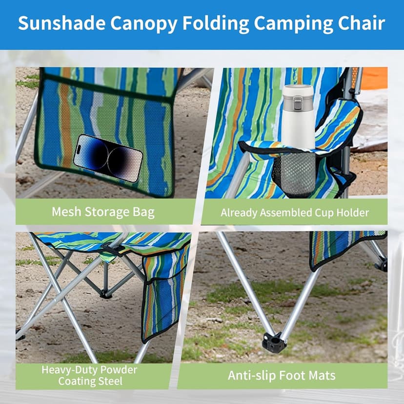 Camping Chair with Adjustable Canopy Shade, Portable Folding Chair with Cup Holder & Side Pocket for Beach, Fishing, Camping - Support 330 LBS (Streak)