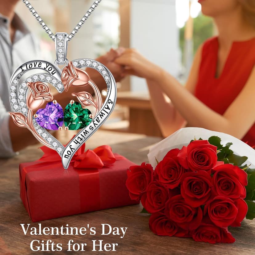 925 Sterling Silver, Gift Box Packaging, Anniversary Birthday Gifts for Wife Mom Daughter Iefil Birthstone Necklace for Women - Rose Heart Necklace B0CJV8W2XC