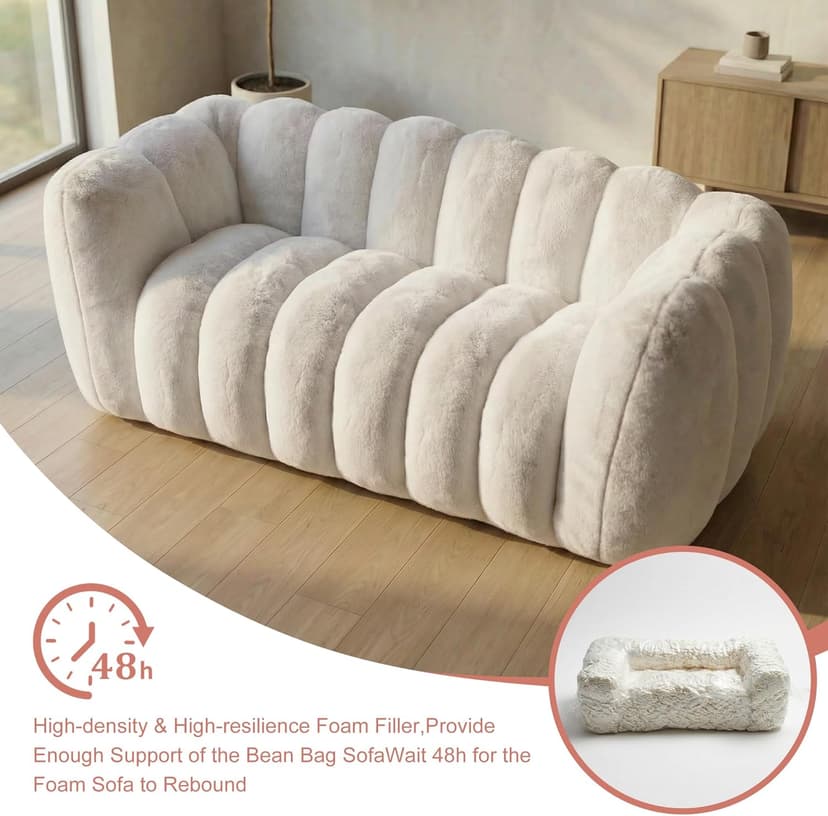 Oversized Bean Bag Sofa for Adults, Comfy Faux Fur Floor Lounger Loveseat Couch with Shredded Foam Filling, Large Bean Bag Sofa Plush Bean Bag Couch for Living Room, Bedroom, Apartment, Beige