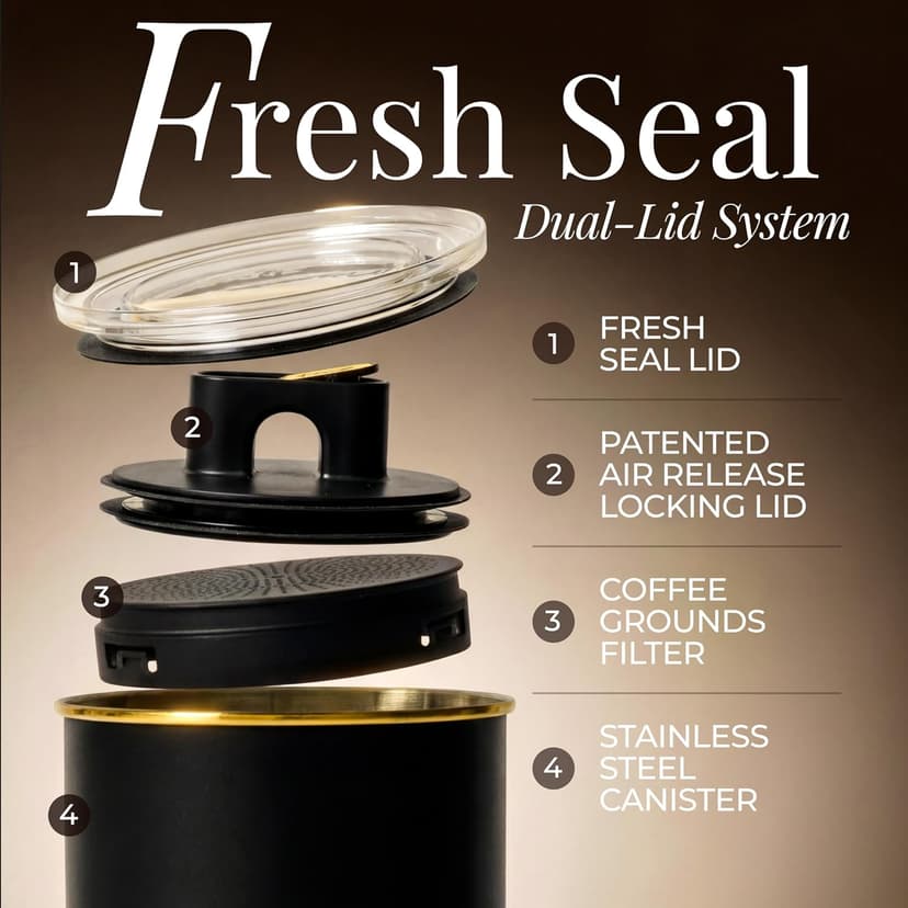 Vacuum Coffee Canister with Airtight Lid – Patented Dual Airtight Coffee Canister with Scoop, Coffee Bean Storage Container or Grounds Container, Storage Container - Black and Gold Kitchen Accessories