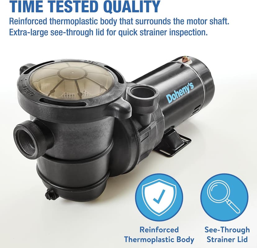 Doheny's 1.5 HP Above Ground Swimming Pool Pump | 115V, 83 GPM (1.2 THP) | Stainless Steel Shaft, Reinforced Thermoplastic, Low-Noise, High-Efficiency | 1.5" Internal & 2.5" External Threading