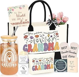 Grandma Gifts for Birthday Tote Bag Grandma Gifts Set from Granddaughter Grandson Grandchildren Grandkids Best Grandma Gifts Basket Tote Bag Makeup Bag 16 Oz Can Glass Bead Bracelet