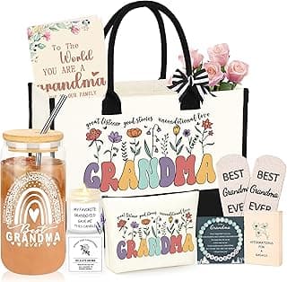 Grandma Gifts for Birthday Tote Bag Grandma Gifts Set from Granddaughter Grandson Grandchildren Grandkids Best Grandma Gifts Basket Tote Bag Makeup Bag 16 Oz Can Glass Bead Bracelet