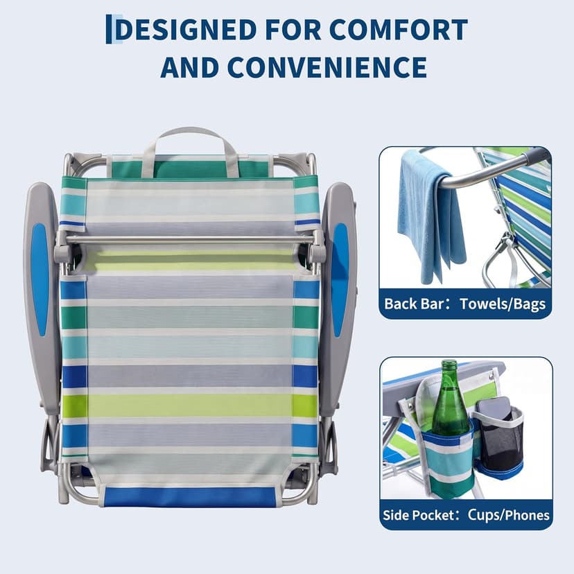 GarveeLife Backpack Beach Chair for Adults, Lightweight Portable Lay Flat Folding Beach Chair with Canopy Shade, 5 Reclining Positions, Backpack Straps, Phone Pocket, Cup Holder & Towel Bar