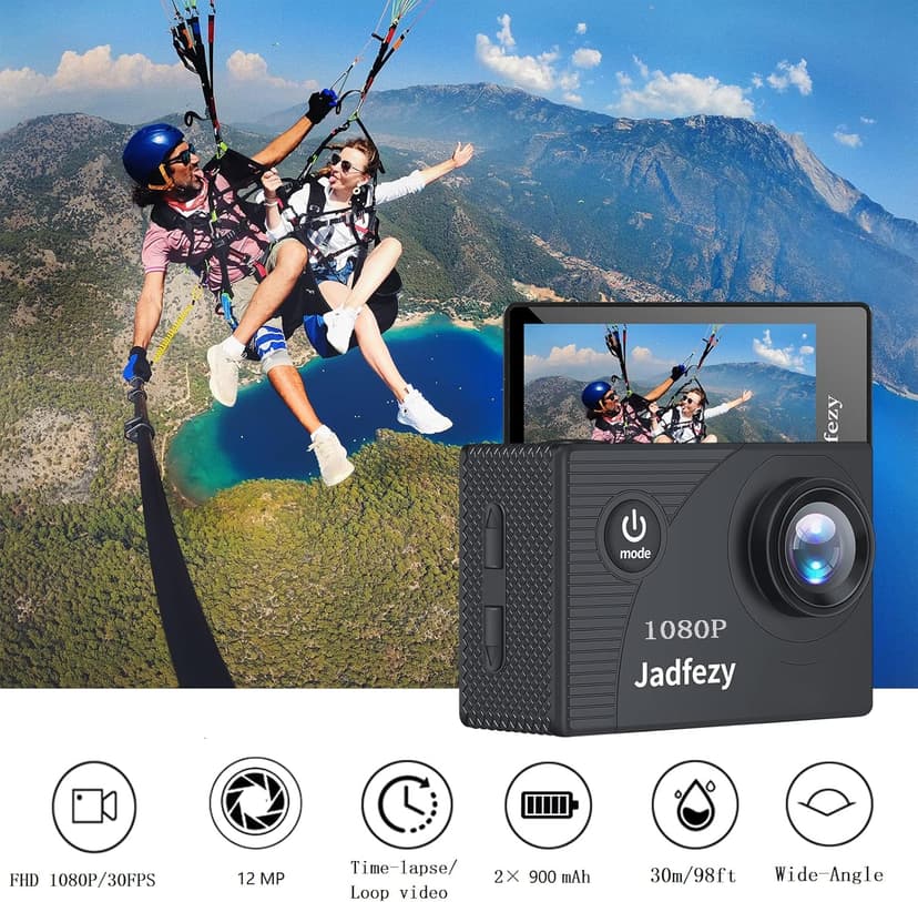 Jadfezy Action Camera FHD 1080P with 32GB Card, 98FT/30M Underwater Waterproof Camera with 2 Rechargeable Batteries, Wide Angle Sports Camera with Accessories Kit Suitable for Helmet, Bicycle, etc.