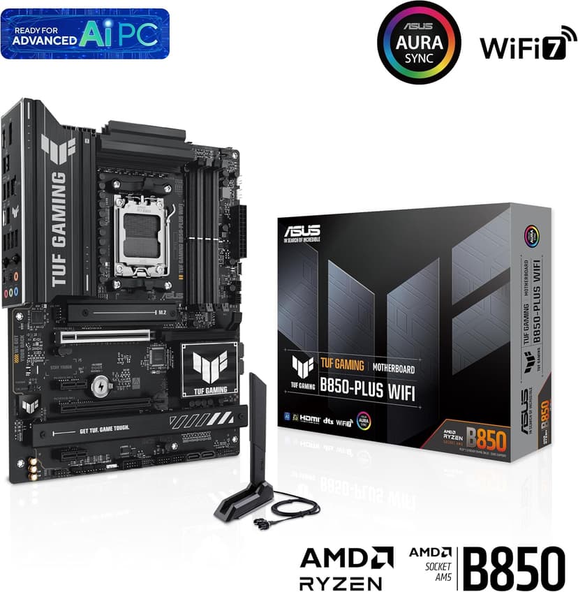 ASUS TUF Gaming B850-PLUS WiFi AMD AM5 B850 ATX Motherboard, 14+2+1 80A Stages, AI Ready, DDR5, PCIe 5.0, 3X M.2, Wi-Fi 7, 2.5Gb LAN, DisplayPort, HDMI™, USB 10Gbps & 20Gbps Type-C®, BIOS Flashback™