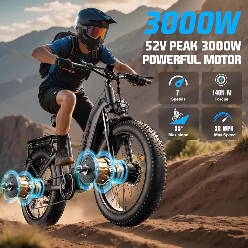 Dual Motor Ebike, 3000W Electric Bike for Adults, 52V 20Ah 26" Fat Tire Fast Ebike Max 38 Mph, up to 90 Miles, Off-Road Mountain E-Bike for Men Women, Step-Through Design