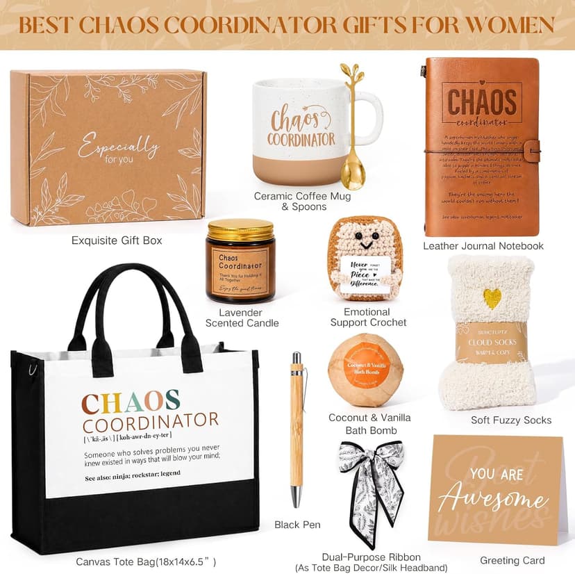Suhctuptx Thank You Gifts for Women, Chaos Coordinator Gift for Coworkers Boss Lady Manager Teacher Nurse Administrative Assistant Employee Appreciation Birthday Christmas Gift w/Canvas Tote Bag Mug B0GVQTJSPB