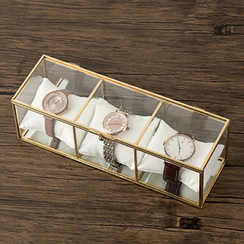 JUXYES JUXYES Clear Glass Watch Display Case with 3 Slots, Luxury Brass Glass Watch Organizer Holder Stand with White Watch Pillow, Modern Transparent Watch Collection Box for Men and Women, Gold