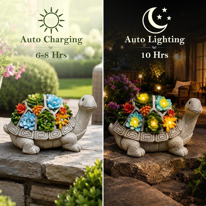 Nacome Solar Garden Outdoor Statues Turtle with Succulent and 7 LED Lights - Lawn Decor Tortoise Statue for Patio, Balcony, Yard Ornament - Unique Housewarming Gifts