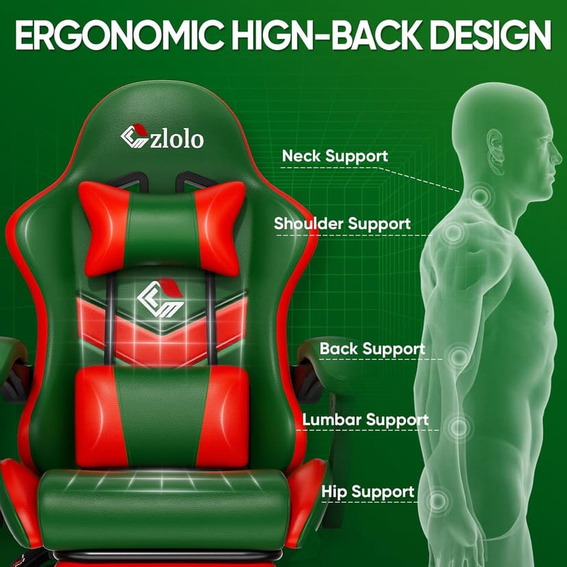 Czlolo Gaming Chair, Lumbar Support Massage Computer Chair, High Back Gamer Chair, with Footrest and Headrest, Lumbar Pillow, Recline, Wide Seat, Gaming Chairs for Christmas/Birthday Gifts, Green