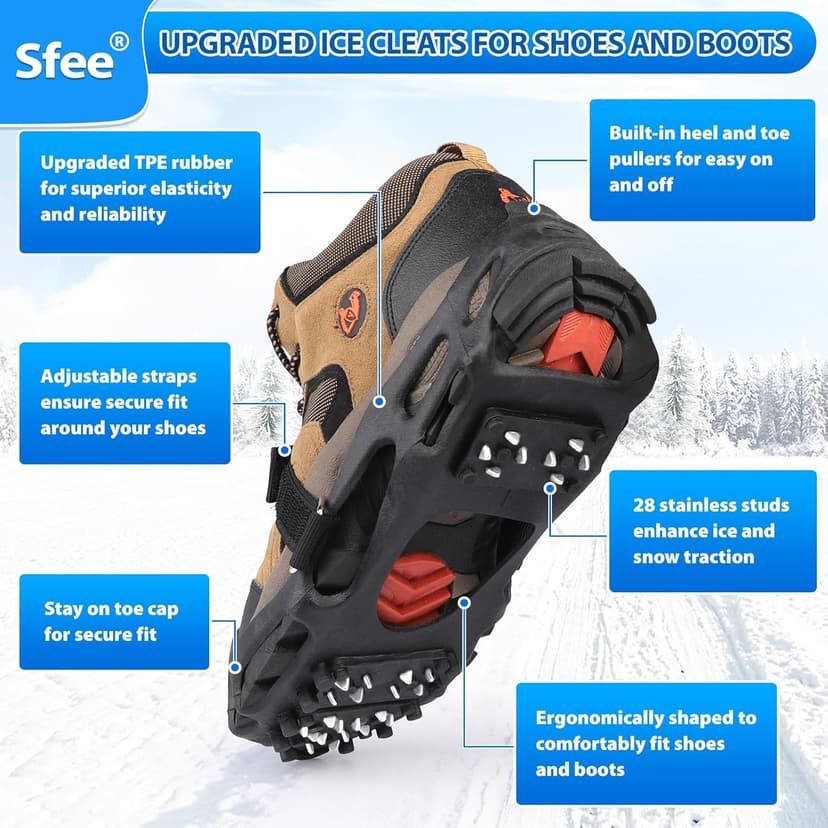 Sfee Crampons Ice Cleats for Shoes and Boots, 28 Steel Shoe Spikes Ultra-Grip Ice Cleats for Men Women Non-Slip Snow Traction Ice Grippers for Shoes and Boots for Walking, Hiking, Climbing, Fishing
