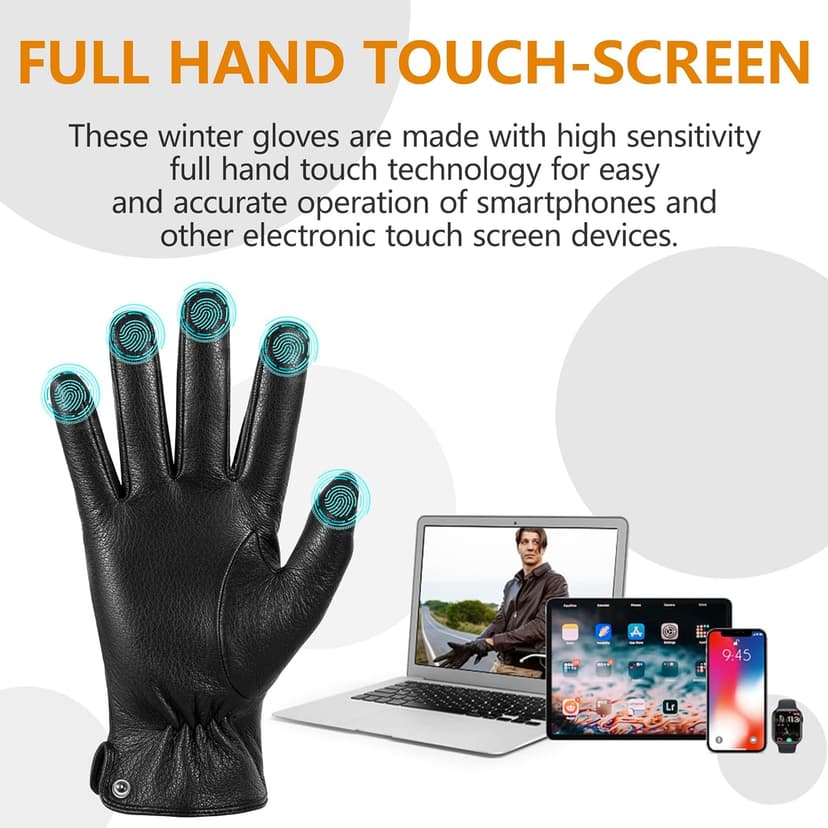 QOF Winter Genuine Leather Gloves for Men, Cashmere Warm Lined Finger Touchscreen Texting Driving Gloves