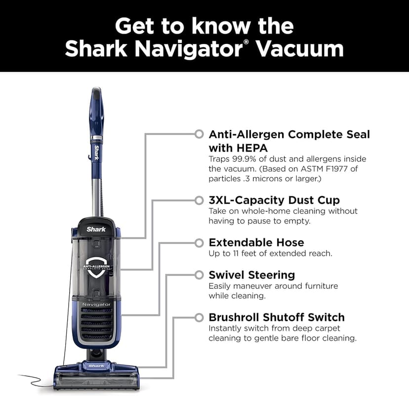 Shark NV151 Navigator Swivel Pro Complete Upright Vacuum with HEPA Filtration, Swivel Steering, Pet Power Brush, Crevice Tool & Upholstery Tool, for Pet Hair & Multi-Surface Cleaning, Navy