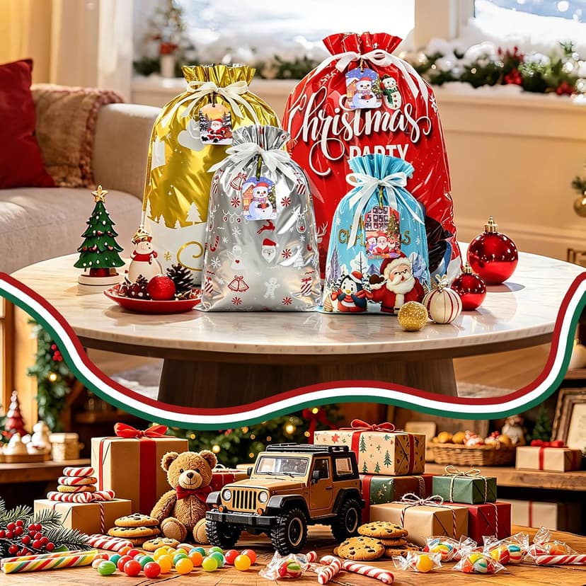 14 Styles Colorful Xmas gifts Bags with 20 Cards for Gifts Holiday Present Wrapping Xmas Decor 20 Pcs Christmas Drawstring Gift Bags, Assorted Sizes with More Large Bag. B0H7MP6FX5