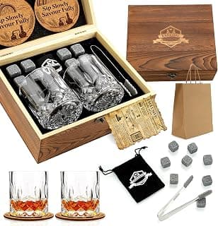 Whiskey Stones Gift Set - Whiskey Glass Set of 2 - Granite Chilling Whiskey Rocks - Scotch Bourbon Box Set -Father's Day Birthday Gifts for Men Drinking Gift for Dad Him Husband Party Holiday Present