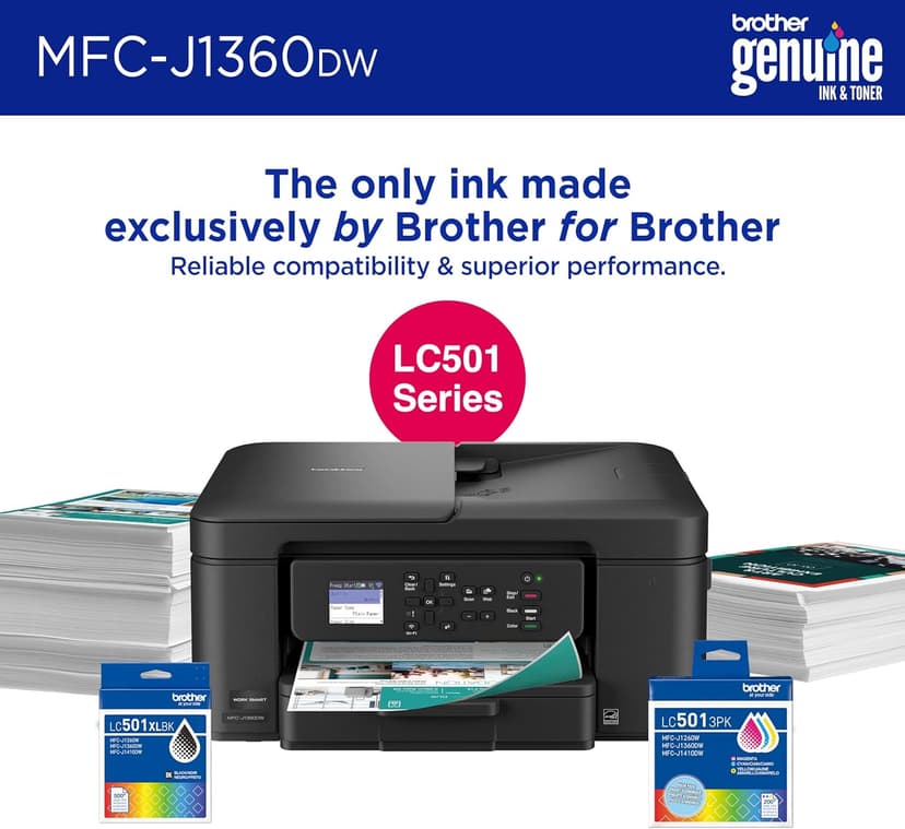 Brother Work Smart 1360 Wireless Color Inkjet All-in-One Printer with Automatic Duplex Printing and 1.8” Color Display | Includes Refresh Subscription Trial(1) (MFC-J1360DW) (Uses LC501 Series Inks)