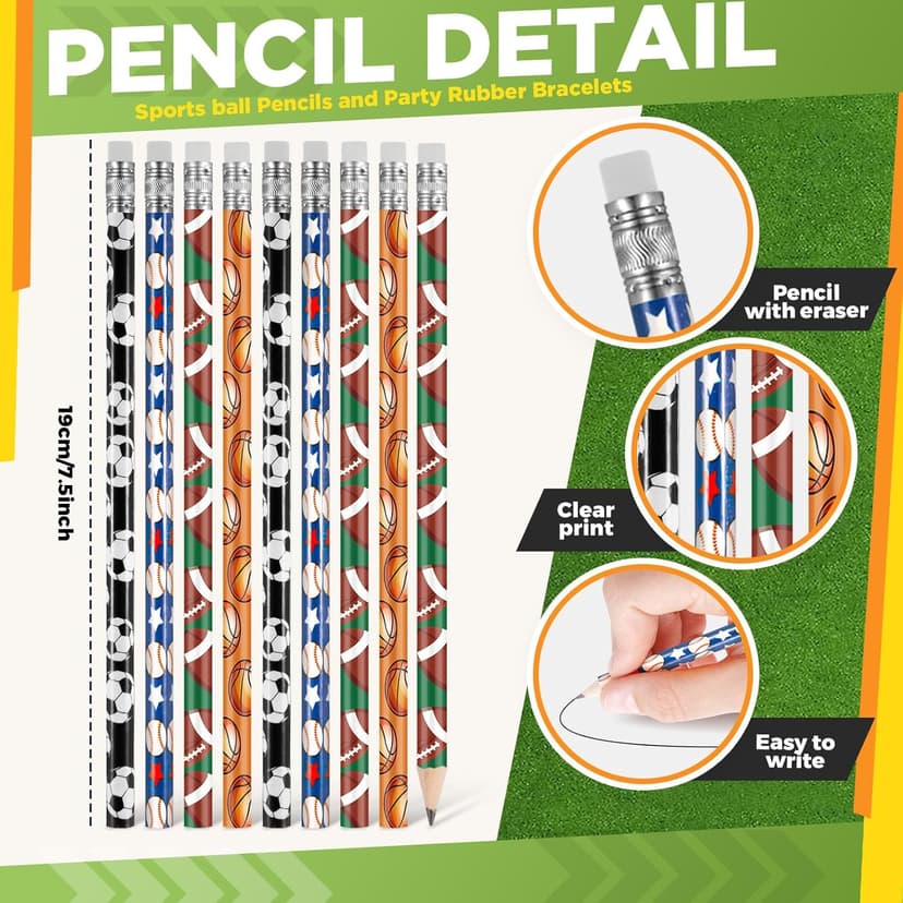 Sabary 48 Pcs Sports Pencils Silicone Bracelets Set Soccer Football Basketball Baseball Wooden Pencil Rubber Wristbands for Birthday Gifts Sports Party Favors(Multi Balls)