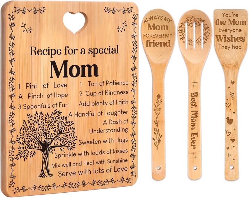 4-Piece Engraved Bamboo Mom Mother Mommy Cutting Board Set from Daughter or Son for Birthdays, Christmas, Mother's Day Birthday Gifts for Mom, "Recipe for a Special Mom" Cutting Board Set B0CXXM43B5