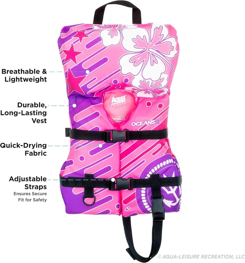 Aqua Oceans 7 Life Jacket for Kids - US Coast Guard Approved Life Vest for Infant, Child & Youth Boys and Girls, Open-Side PFD for Boating, Swimming & Water Sports