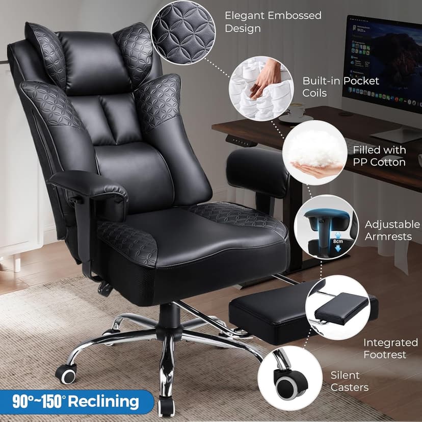 GTRACING Big and Tall Office Chair 400LBS Wide Ergonomic Gaming Chair with Deluxe Embossing Designed Leather with Foot Rest,150°Reclining Adjustable Soft Armrests Pocket Spring Back Support and Pillow