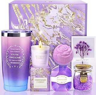 Birthday Gifts for Women, Thank You Gifts for Mom, Gifts for Wife, Girlfriend, Sister, Gift Set Idea for Her Christmas - Purple Gift Basket with 20 Oz Novelty Drinking Glasses