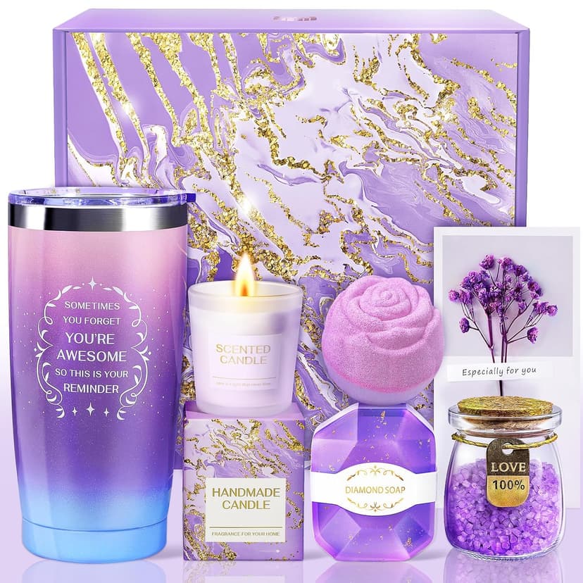 Birthday Gifts for Women, Thank You Gifts for Mom, Gifts for Wife, Girlfriend, Sister, Gift Set Idea for Her Christmas - Purple Gift Basket with 20 Oz Novelty Drinking Glasses