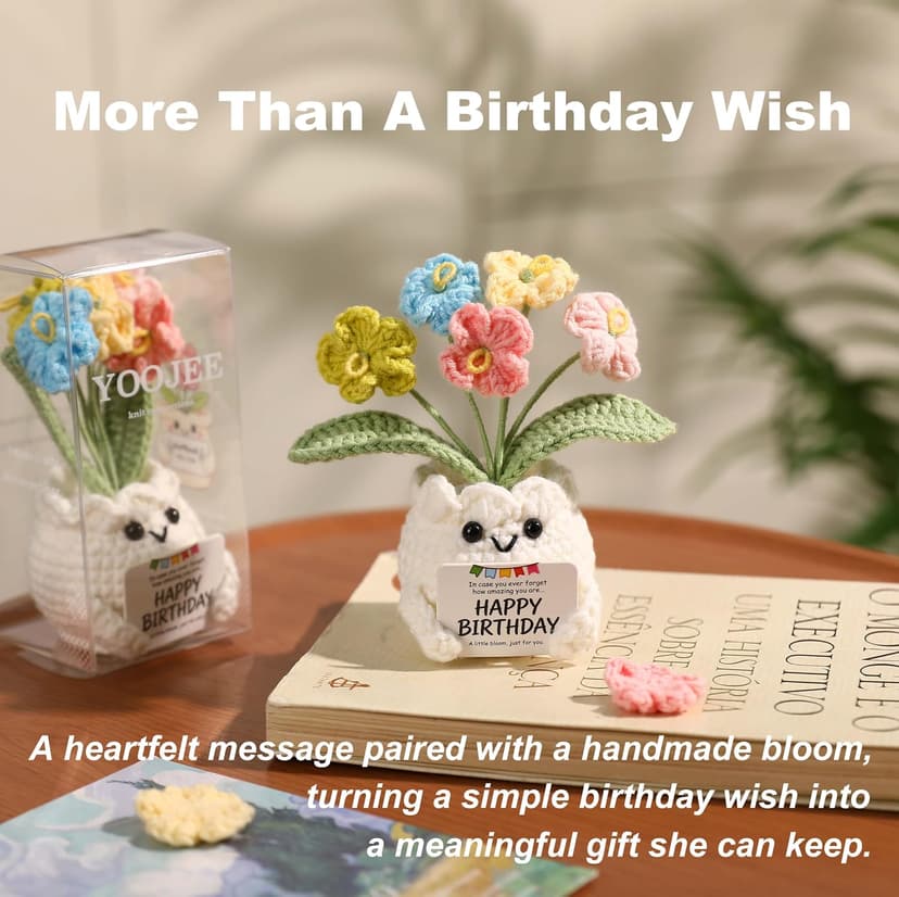 Happy Birthday Message Card, Cute Colorful Handmade Keepsake, Gift for Her, Mom, Best Friend, Sister, Coworker, 4.7 × 2.4 In Crochet Forget Me Not Flower Pot Birthday Gifts for Women B0GXV6J1ZG