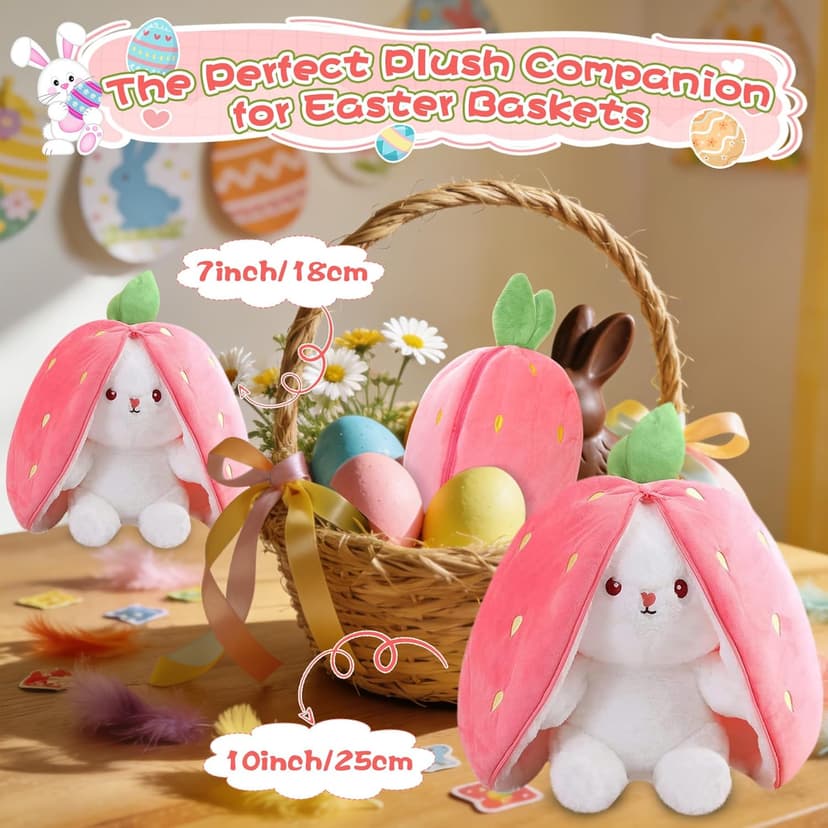 MIAODAM Bunny Stuffed Animal Reversible Cuddle Bunny Stuffed,Strawberry Bunny Transformed Rabbit Plush Zipper,Turns Into Ears Bunnies Plushies Toy Cute Stuffy Doll Easter