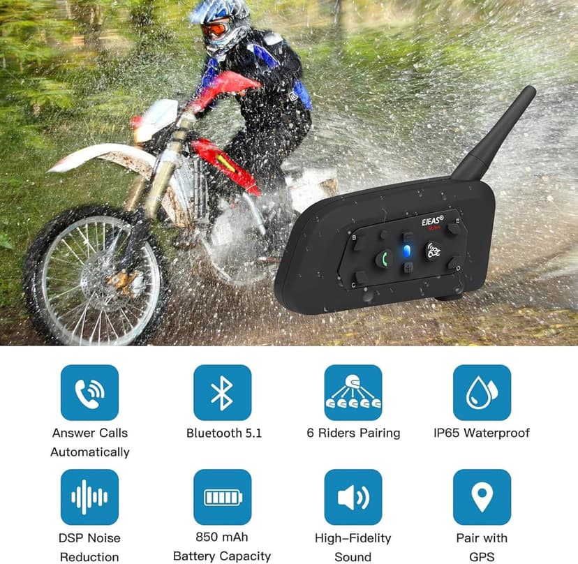 EJEAS V6 Pro Motorcycle Helmet Bluetooth Intercom, 2-Way 1200M Motorcycle Bluetooth Headset Universal Communication System with Noise Cancellation and Waterproof for Dirt Bike/ATV/Snowmobile (2PCS)