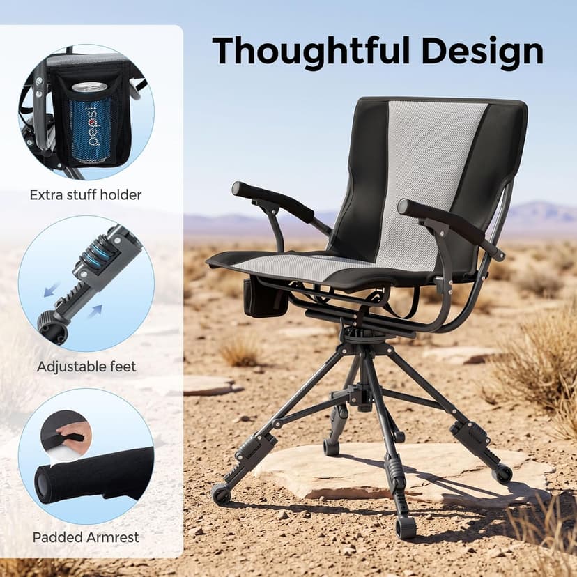 ALPHA CAMP Folding Hunting Chair Waterproof Swivel Hunting Blinds Chair 360 Degree Silent Hunting Seat with Adjustable 4 Legs Height and Armrests 330LBS Capacity for Hunting Camping