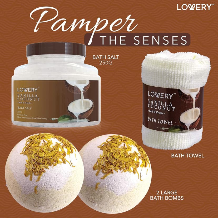 Gifts For Women Gift Basket for Women– 9 Piece Set of Vanilla Coconut Home Spa Set, Includes Fragrant Lotions, Extra Large Bath Bombs, Coconut Oil, Luxurious Bath Towel & More