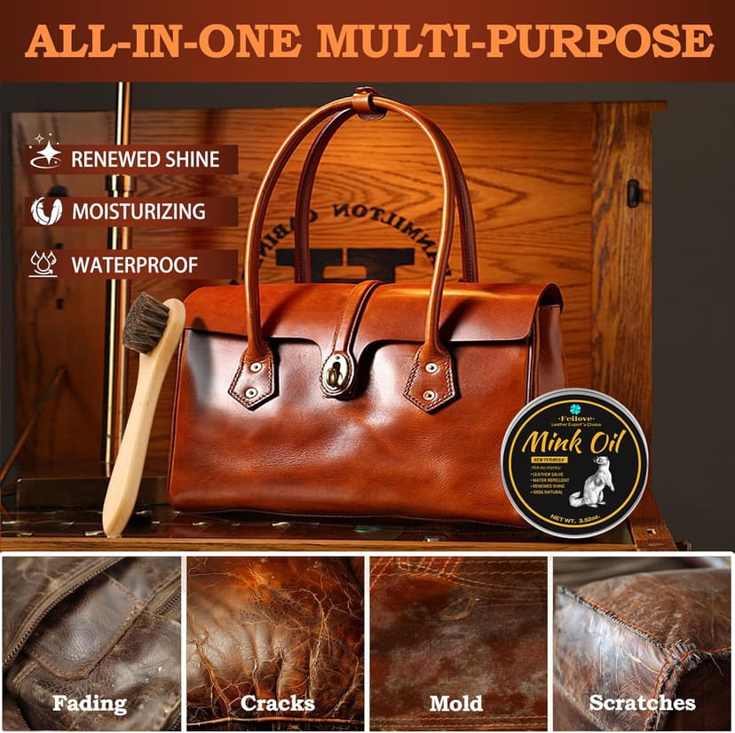 Feilove 4-in-1 Mink Oil Leather Conditioner and Cleaner 3.52 oz - Premium Waterproof Formula for Boots and Shoes