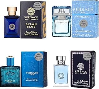 Versace Cologne for Men Set of 4 Mini Eros, Pour Homme, Dylan Blue, Eau Fraiche Perfume for Men Fragrance Sampler Set - Designer Mens Cologne Samples (4 Count, 0.17 oz)