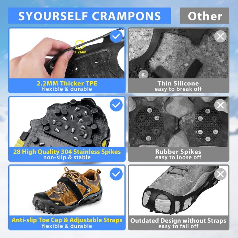 SYOURSELF Crampons Ice Cleats for Shoes and Boots Women Men Kids, 28 Shoe Spikes Non Slip Snow Traction Cleats for Snow and Ice Grippers for Shoes and Boots Hiking Walking Fishing Climbing
