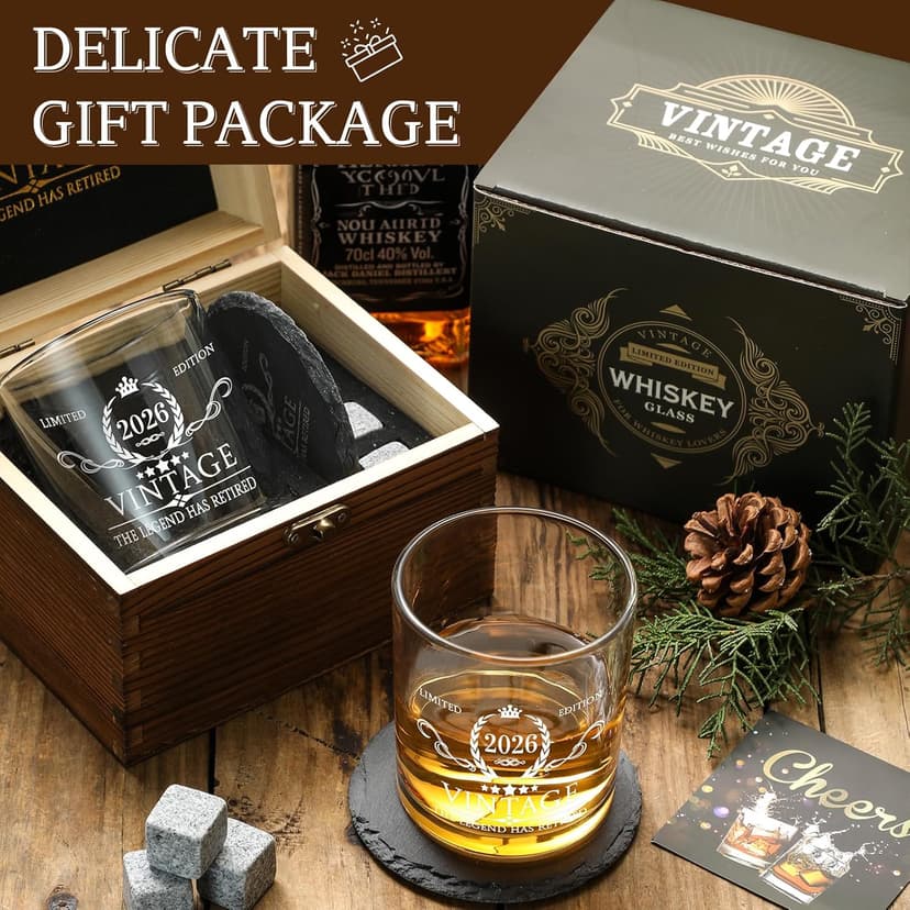 Retirement Gifts for Men Whiskey Glass Set - The Legend Has Retired 2025 - Retirement Party Decorations, Supplies - Gifts Ideas for Him, Dad, Husband, Friends - Wood Box & Whiskey Stones & Coaster