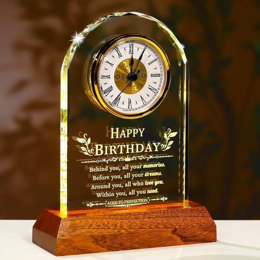 with Wooden LED Light Base, Happy Birthday Keepsake, for Woman Man Her Him Mom Dad Friend, Home Decor Ornalrist Happy Birthday Gifts for Men Women Glass Quartz Clock Keepsake B0GR57JH79