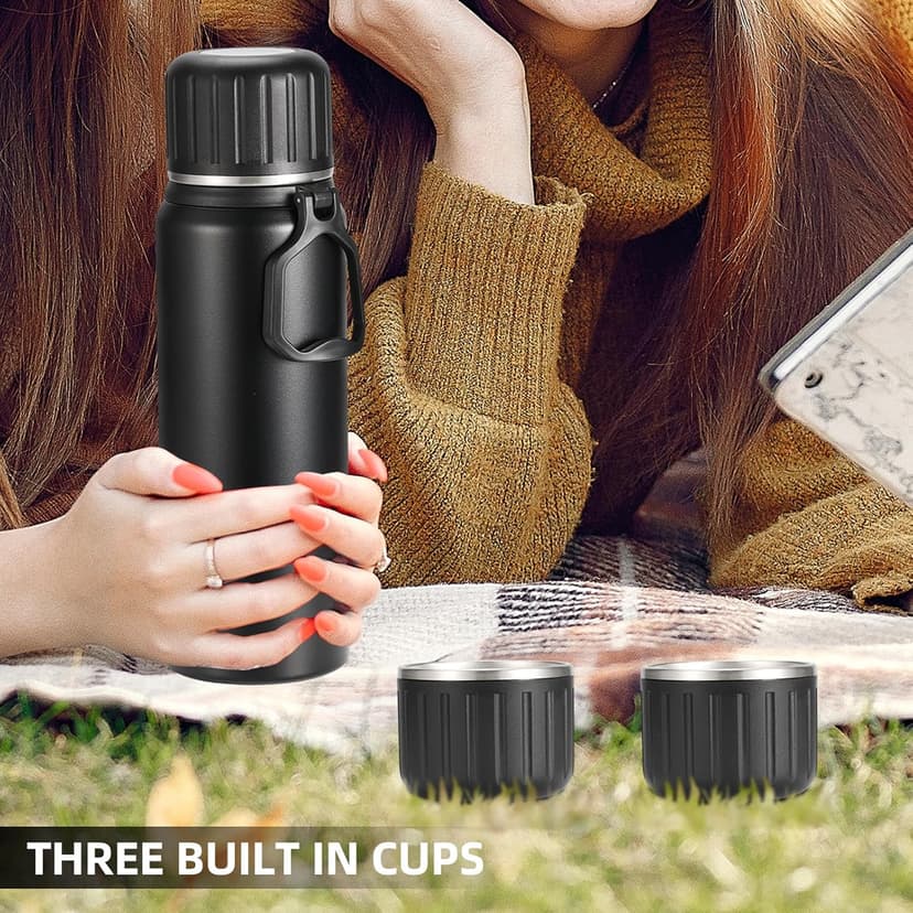750ml/27 OZ Coffee Thermo with 3 cups, Insulated Water Bottle, Stainless Steel Vacuum Flask Set for Hot and Cold Drinks, Gifts Box