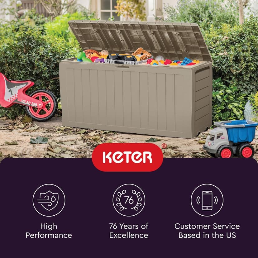 Keter Marvel Plus 71 Gallon Resin Outdoor Storage Box for Patio Furniture Cushions, Throw Pillows, Garden Tools and Pool Floats, Beige