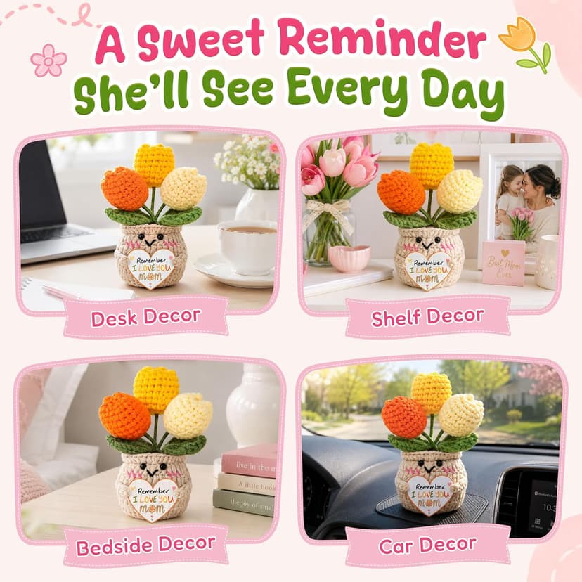 Mom Birthday Gifts, Mother Daughter Gift, Positive Crochet, Handmade Keepsake, Soft Yarn Texture, Cute Tulip Decor OASSIE Mom Gifts from Daughters Sons - Emotional Support Crochet Tulip