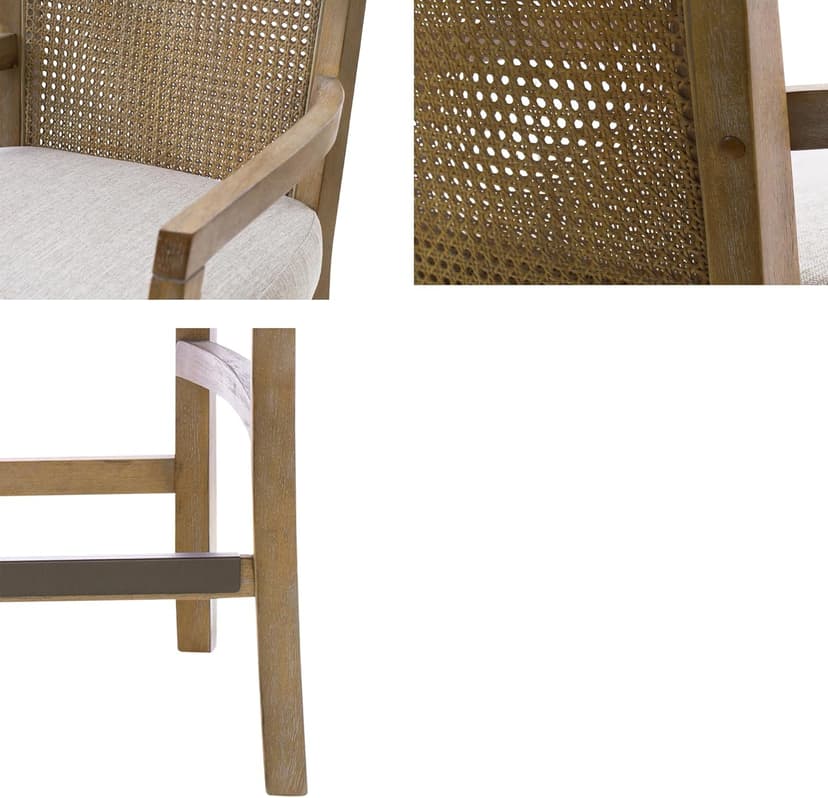 Madison Park Bar Stool with Rattan Back, Wood Counter Height Barstools, Farmhouse Stools with Open Arm Design, Mid-Century Modern Upholstered Bar Chair for Kitchen Island, 18.5" D x 18.5" W x 25.5" H